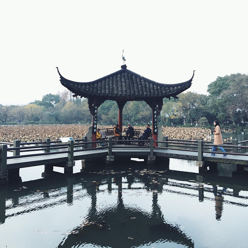 a pavilion with a traditional chinese roof, half-reflected in the water, by tayylin.com